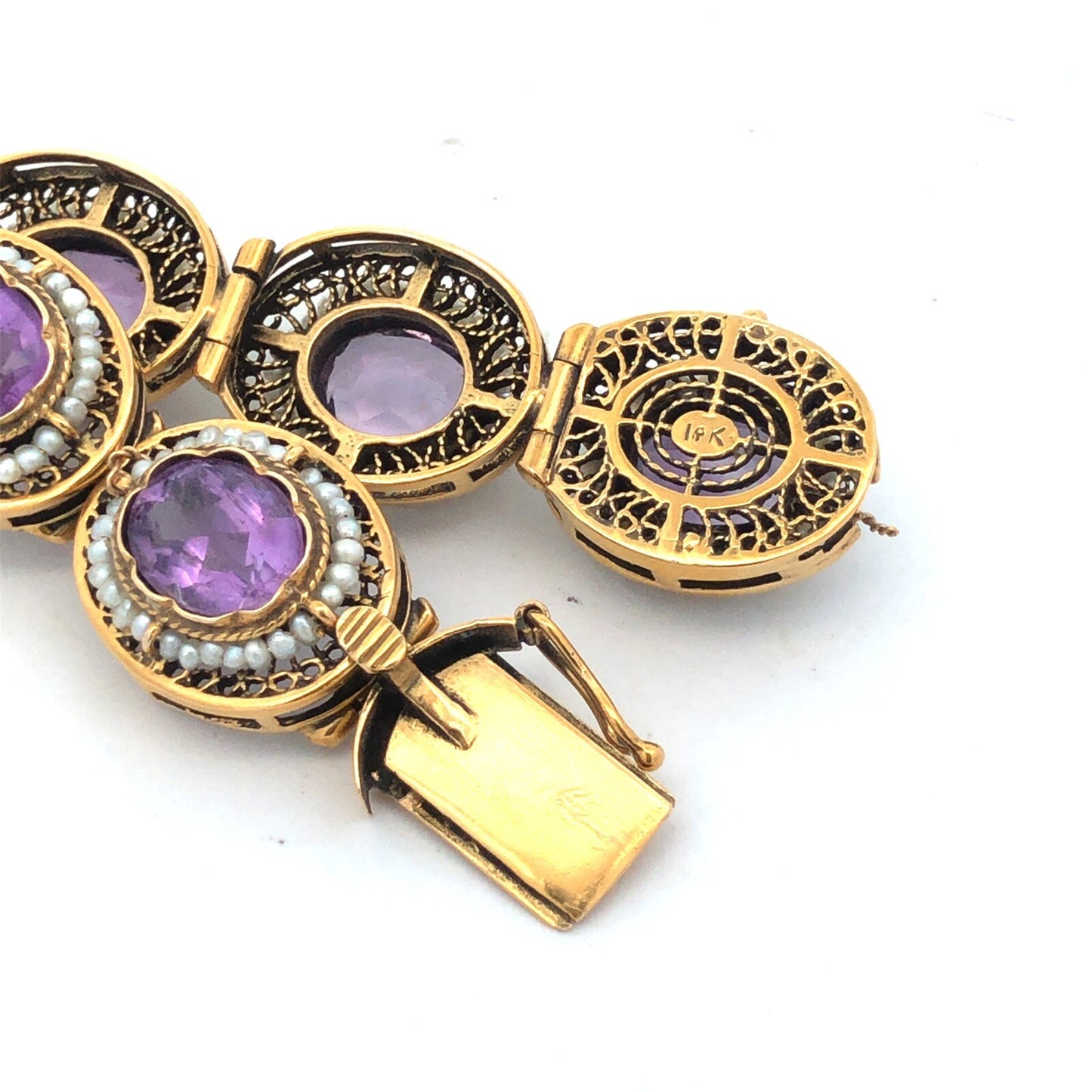 Vintage 14K Yellow Gold Oval Amethyst Seed Pearl Filigree Panel Bracelet