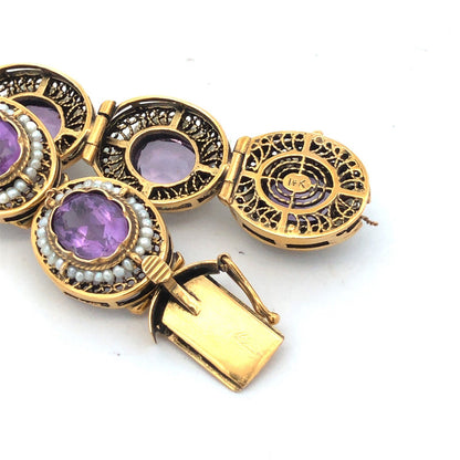 Vintage 14K Yellow Gold Oval Amethyst Seed Pearl Filigree Panel Bracelet