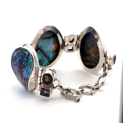 Modernist 925 Sterling Silver Abalone Amethyst Smoky Topaz Statement Bracelet
