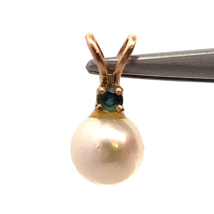 Designer 14K Yellow Gold Pearl Blue Sapphire Accent Drop Charm Pendant
