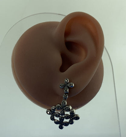 Designer 925 Sterling Silver Marcasite Flower Drop Dangle Stud Earrings
