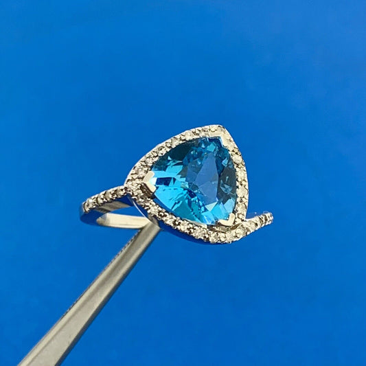 Designer 14K White Gold Trillion Cut Blue Topaz Diamond Accented Ring