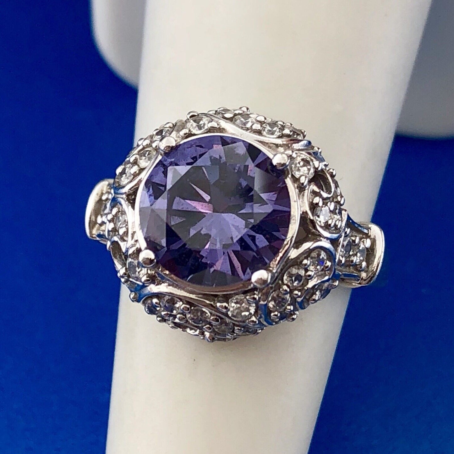 Gorgeous Sterling Silver 925 Purple Spinel Diamond Halo Statement Cocktail Ring