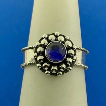 Unique 925 Sterling Silver Blue Glass Stone Round Cocktail Size 6.5 Ring