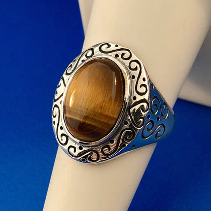Designer 925 Sterling Silver Tiger Eye Cabochon Heart Scroll Concho Style Ring