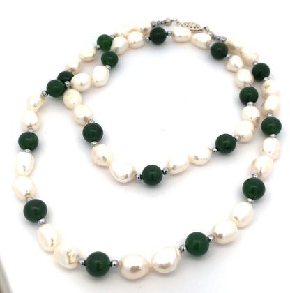 Designer 925 Sterling Silver Pearl Jade Beaded Statement Necklace