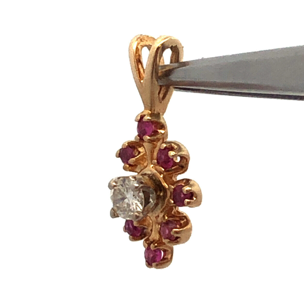 14K Yellow Gold Ruby Diamond Flower Floral Drop Charm Pendant