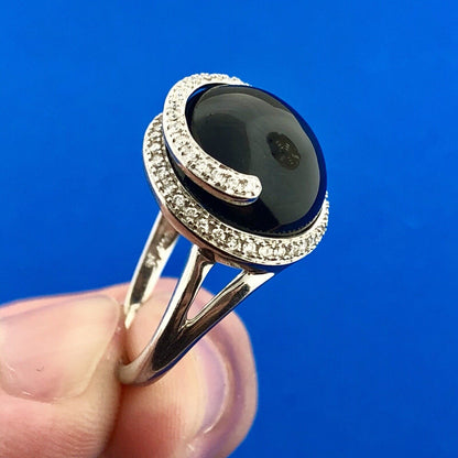 Vintage Modernist 14K White Gold Black Onyx Diamond Snake Swirl Cocktail Ring