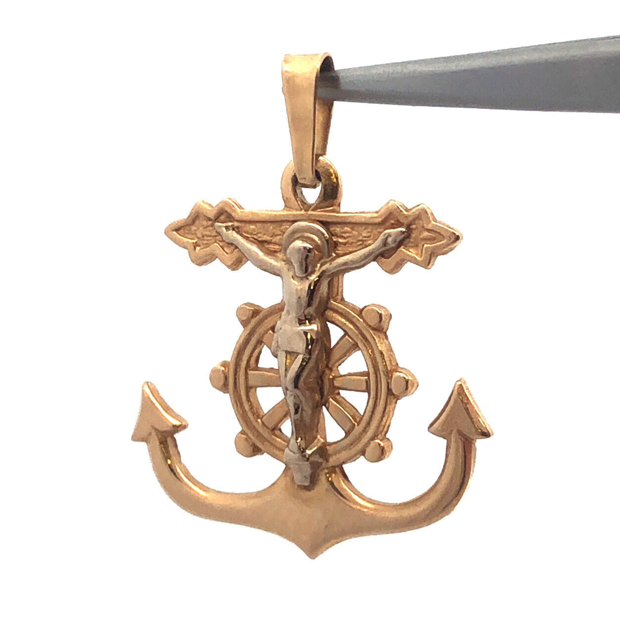 Designer 14K Yellow Gold Sailor's Crucifix Anchor Ships Wheel Charm Pendant