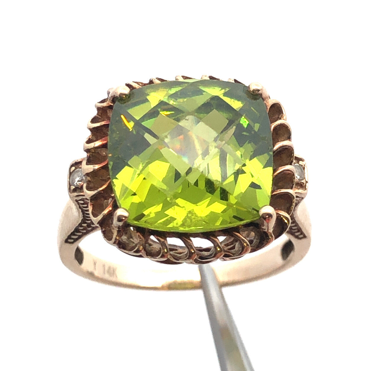 14K Yellow Gold Square Cushion Sparkling Chartreuse Green Cz Statement Dome Ring