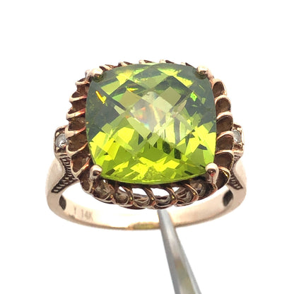 14K Yellow Gold Square Cushion Sparkling Chartreuse Green Cz Statement Dome Ring
