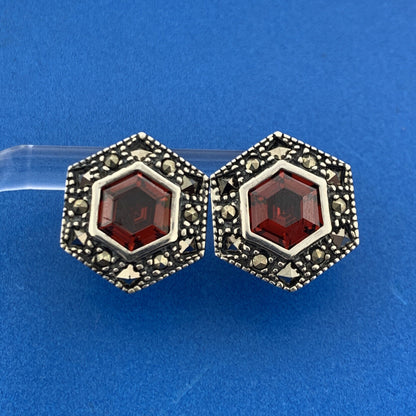 Sterling Silver Garnet Marcasite January Occasion Statement Stud Earrings