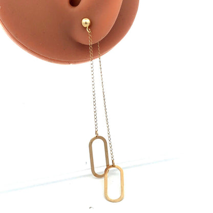 14K Yellow Gold Designer CU Modernist Oval Chain Dangle Stud Earrings