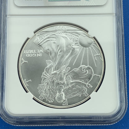 1999 $1 American .999 Silver Eagle Reverse Struck Thru Mint Error NGC MS69 Coin
