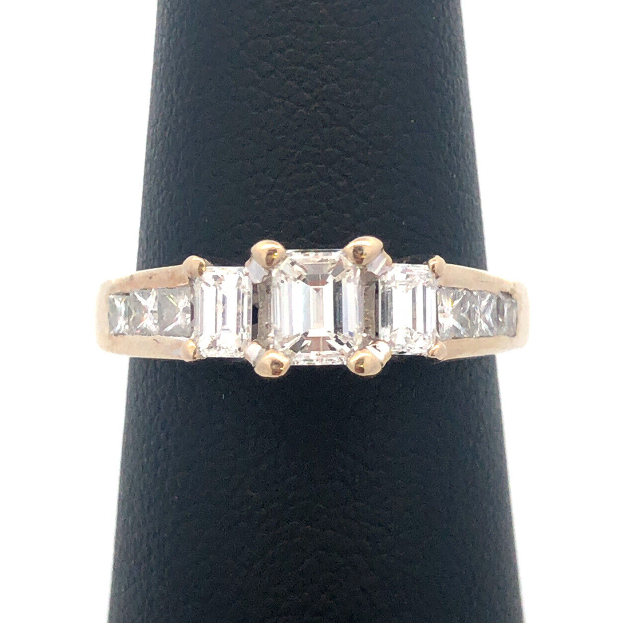 18K Yellow Gold Emerald Cut Diamond Trio Waterfall Engagement Size 6 Ring