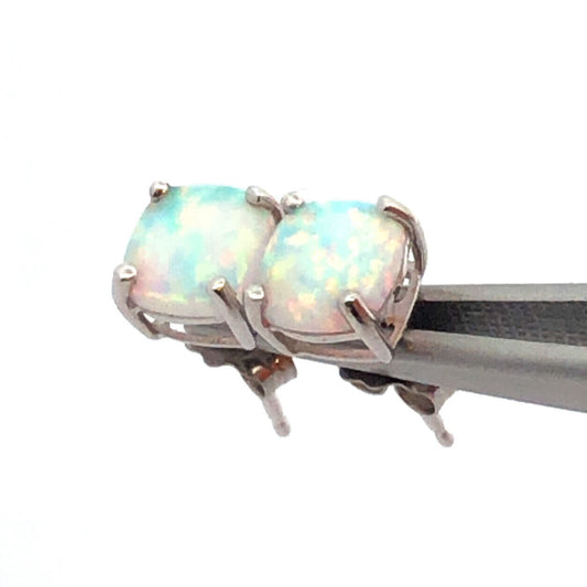 10K White Gold Square Opal Cabochon Healing Stud Earrings