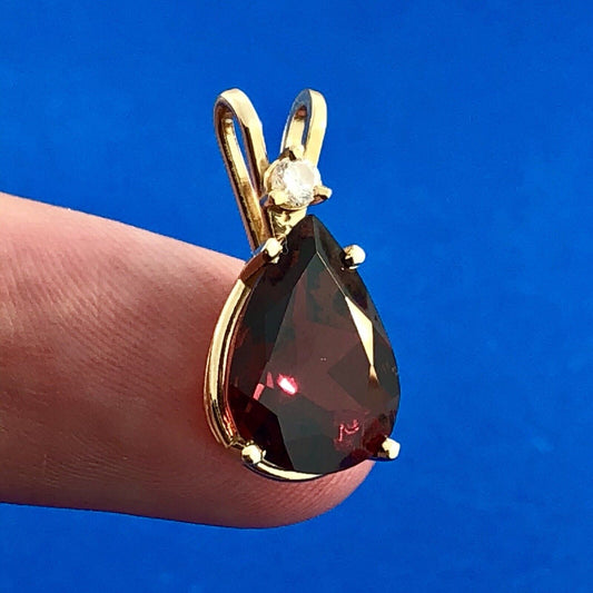 14K Yellow Gold Pear Garnet Diamond January Anniversary Statement Pendant