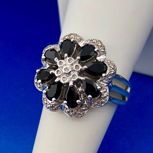 Designer AJ Sterling Silver Sapphire Diamond Floral Cluster September Anniv Ring