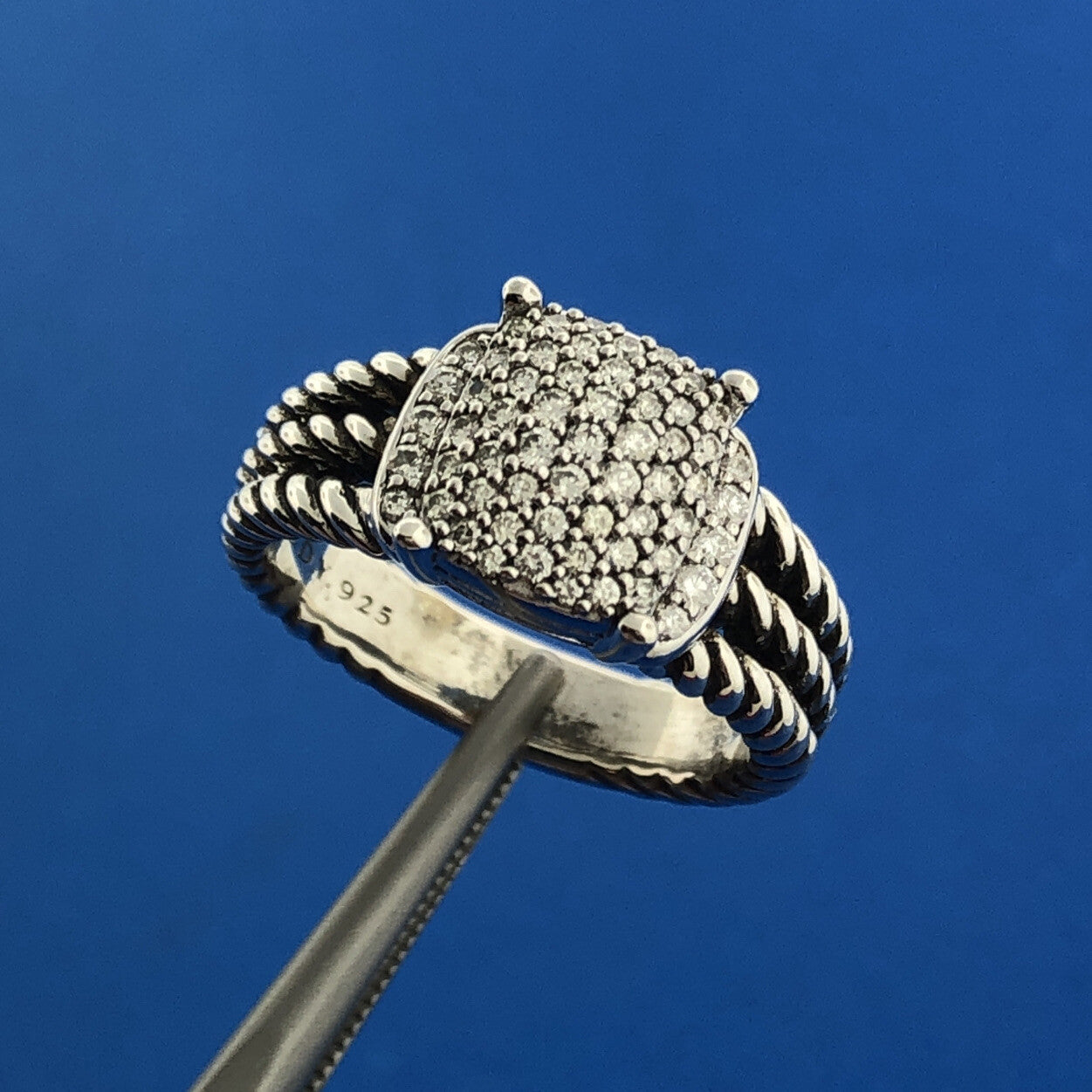 David Yurman 925 Sterling Silver Pave Diamond Petite Wheaton Classic Cable Ring