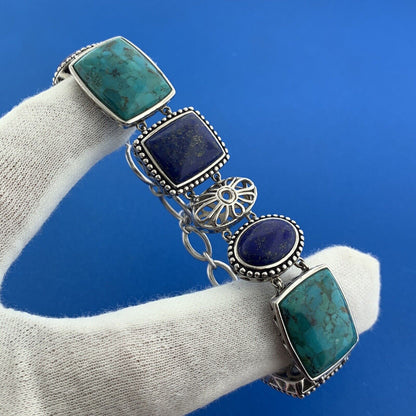 ATI Sterling Silver 925 Lapis Lazuli Turquoise Cabochon Panel Toggle Bracelet