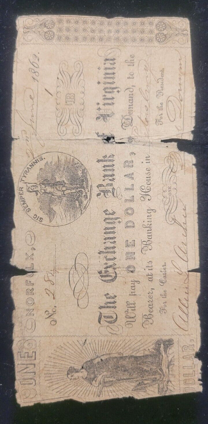 1862 $1 Exchange Bank of Virginia, Norfolk, VA Obsolete Currency Bank Note