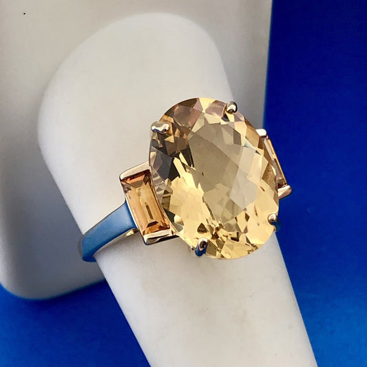 Retro 10K Yellow Gold Oval Citrine Solitaire W/Accents November Anniversary Ring