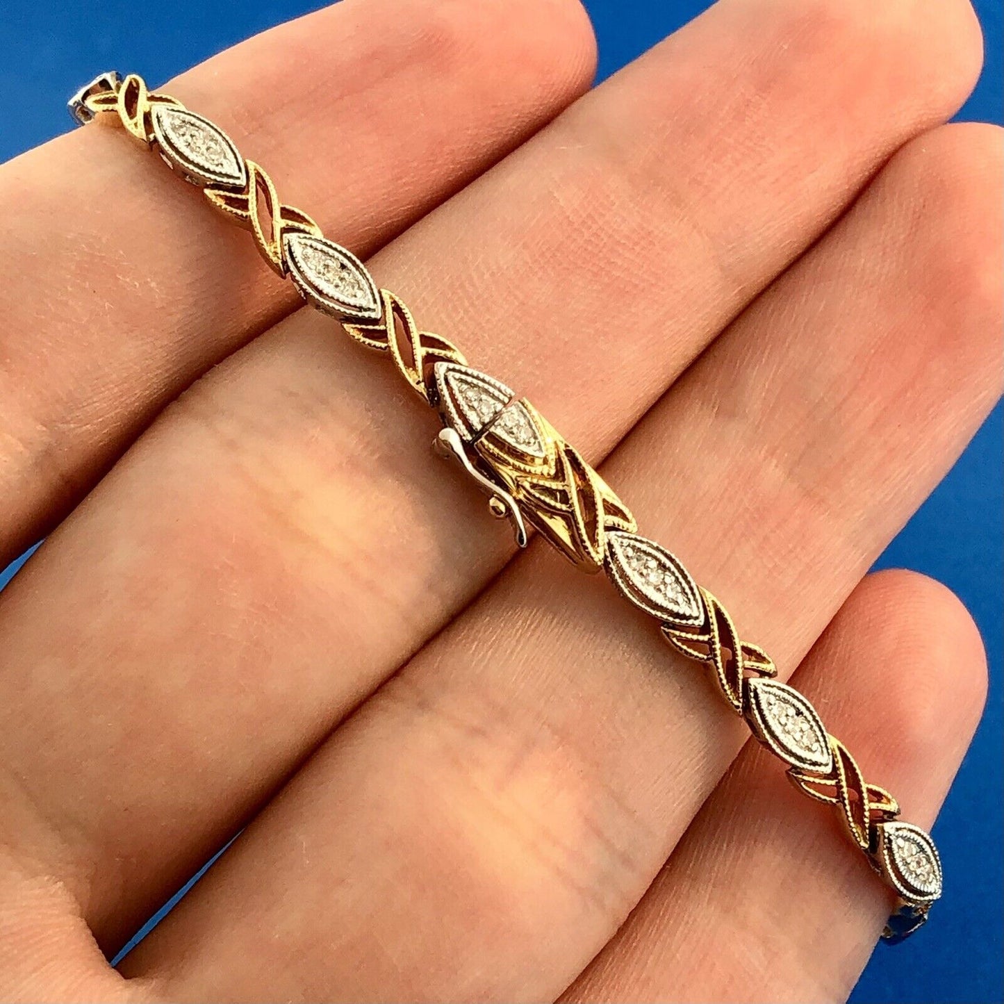 Traditional Designer 14K Yellow White Gold Diamond Two Toned X O Tennis Bracelet