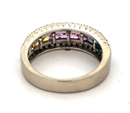 Designer 14K White Gold Multi Gemstone Diamond Mother's Anniversary Band Ring