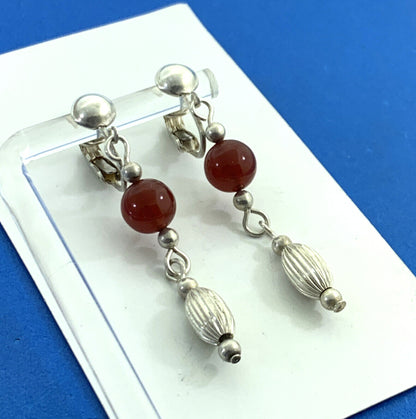 Vintage Carnelian Bead 925 Sterling Silver Dangle Clip On Earrings