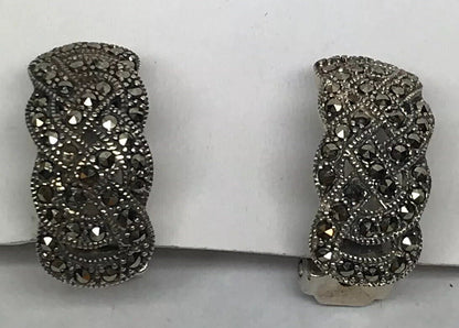 Art Deco 925 Sterling Silver Marcasite Open Work Basket Weave Clip Earrings