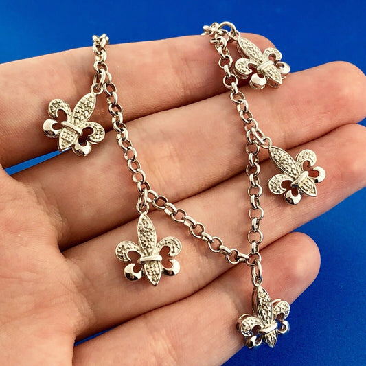 Designer Sterling Silver 925 Diamond Fleur De Lis Six Dangle Charm Bracelet