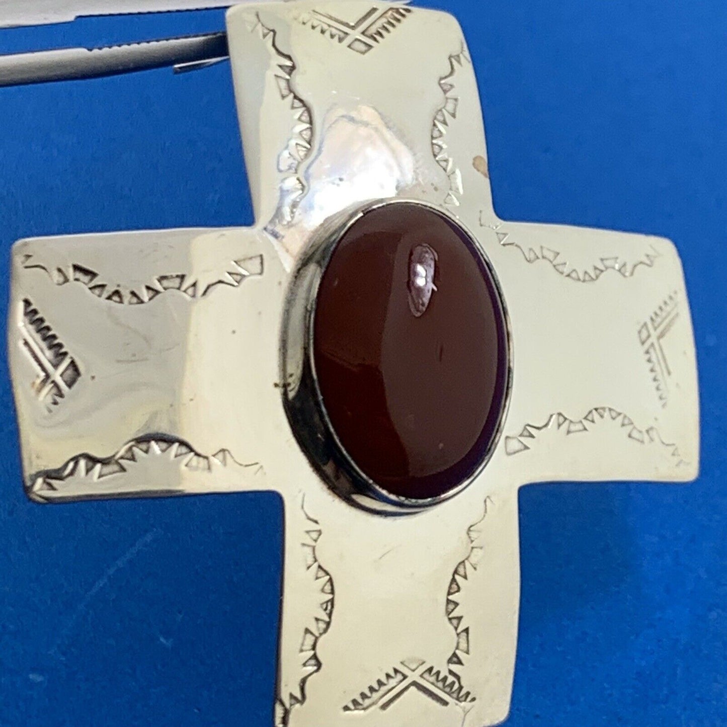 Navajo Ben J Chavez Sterling Silver Oval Carnelian Concho Cross Dangle Earrings