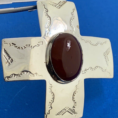 Navajo Ben J Chavez Sterling Silver Oval Carnelian Concho Cross Dangle Earrings