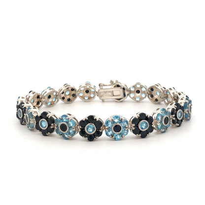 Designer 925 Sterling Silver Round Blue Topaz Sapphire Floral Tennis Bracelet