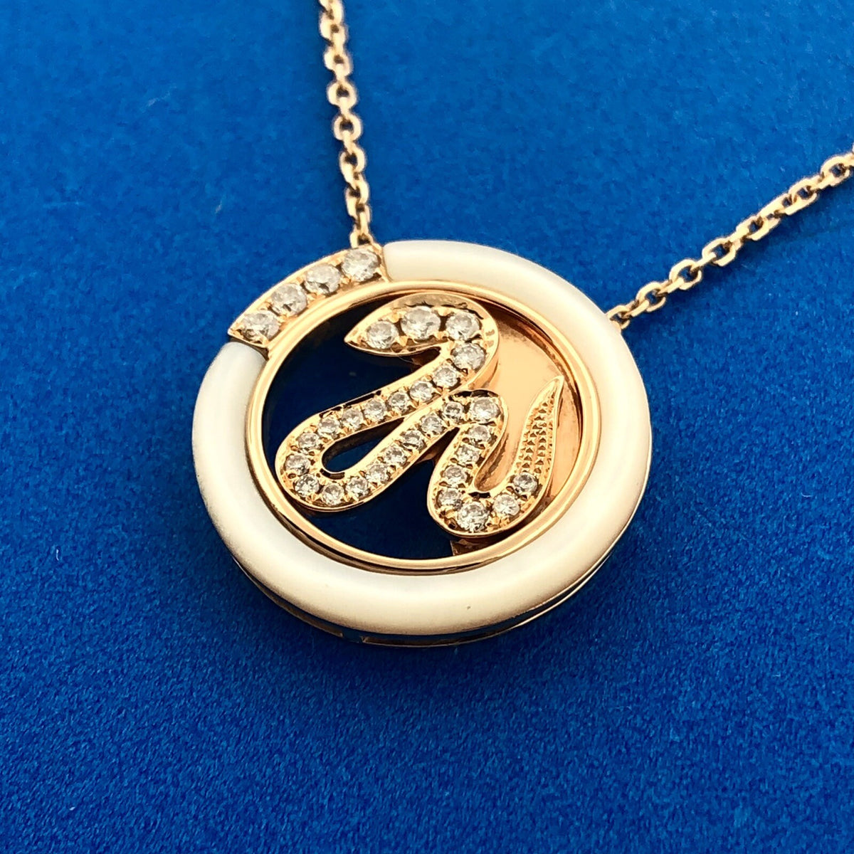 Designer CMG 18K Rose Gold Diamond Mother Of Pearl Snake Disc Pendant Necklace
