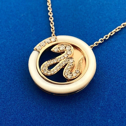 Designer CMG 18K Rose Gold Diamond Mother Of Pearl Snake Disc Pendant Necklace