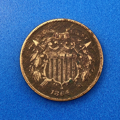 1864 P Bronze Two-Cent Piece Union Shield Large Motto Philadelphia Mint Coin