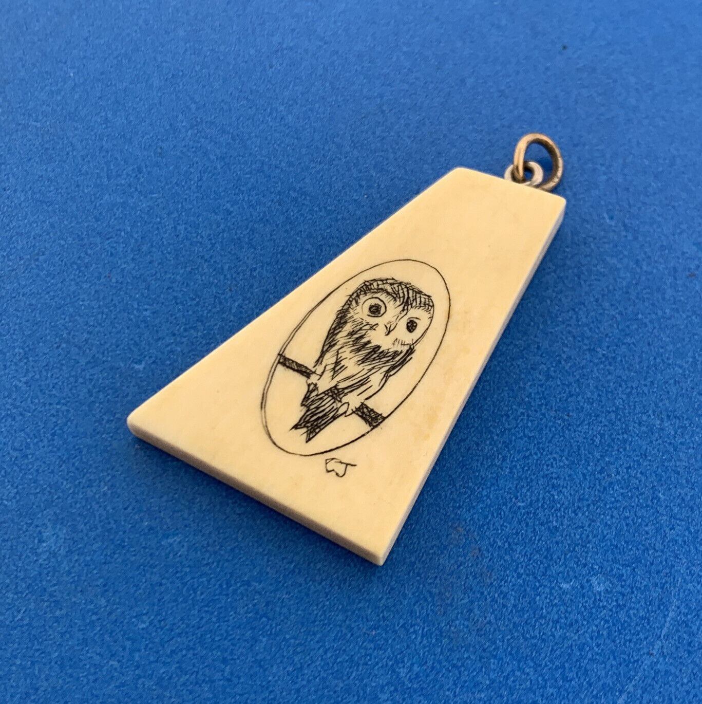 Signed CJ 925 Sterling Silver Scrimshaw Owl Wisdom Patience Trapezoid Pendant