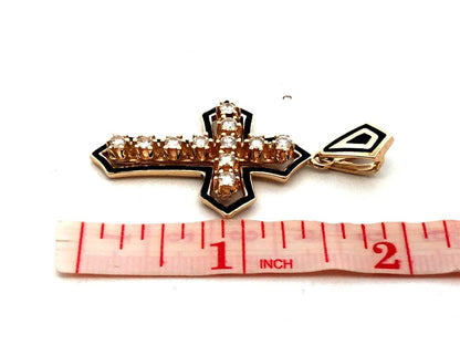 Estate 14K Yellow Gold Round Diamond Black Enamel Statement Cross Pendant