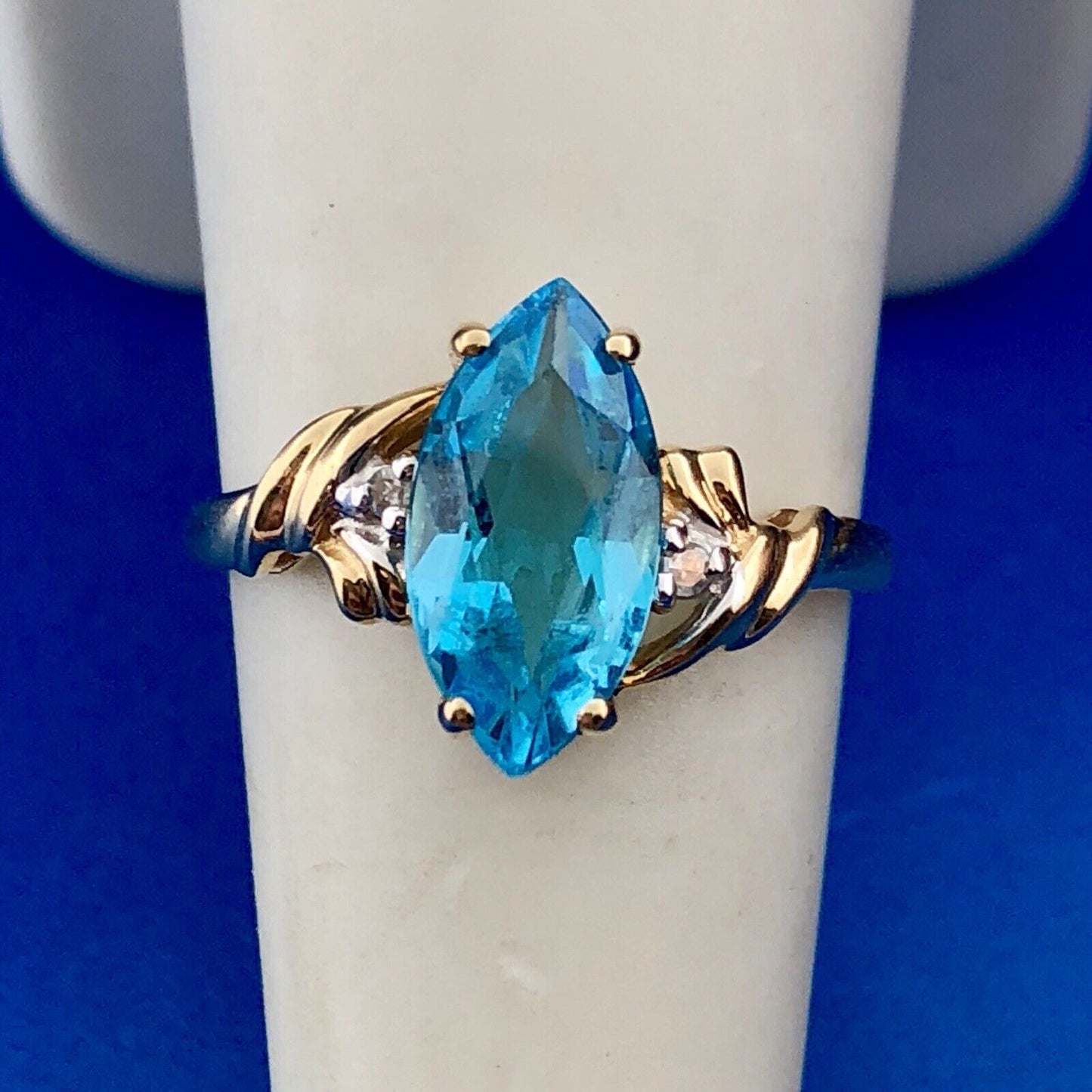 14K Yellow Gold Marquise Blue Topaz Diamond Anniversary Cocktail Statement Ring