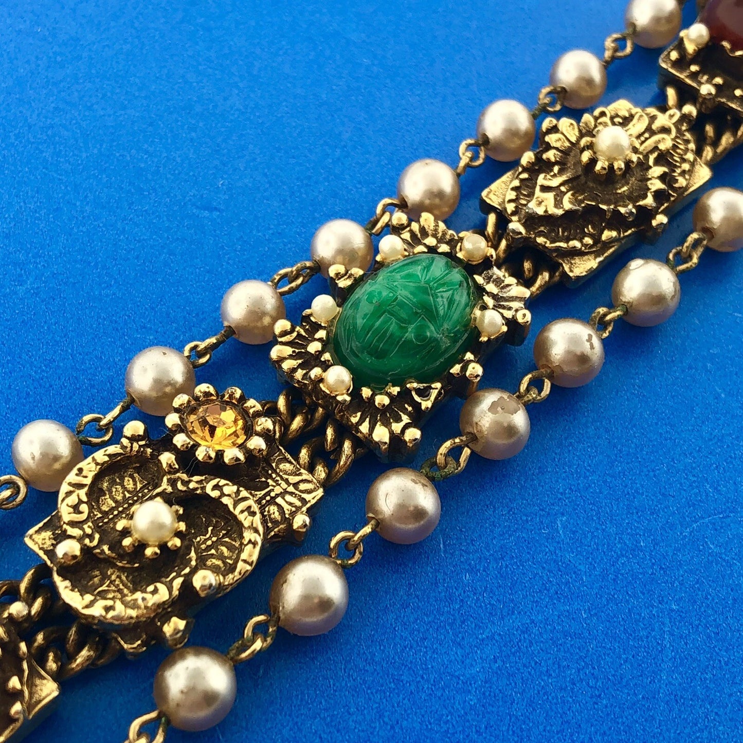 Vintage Gold Tone Faux Gem Pearl Cabochon Rhinestone Statement Panel Bracelet