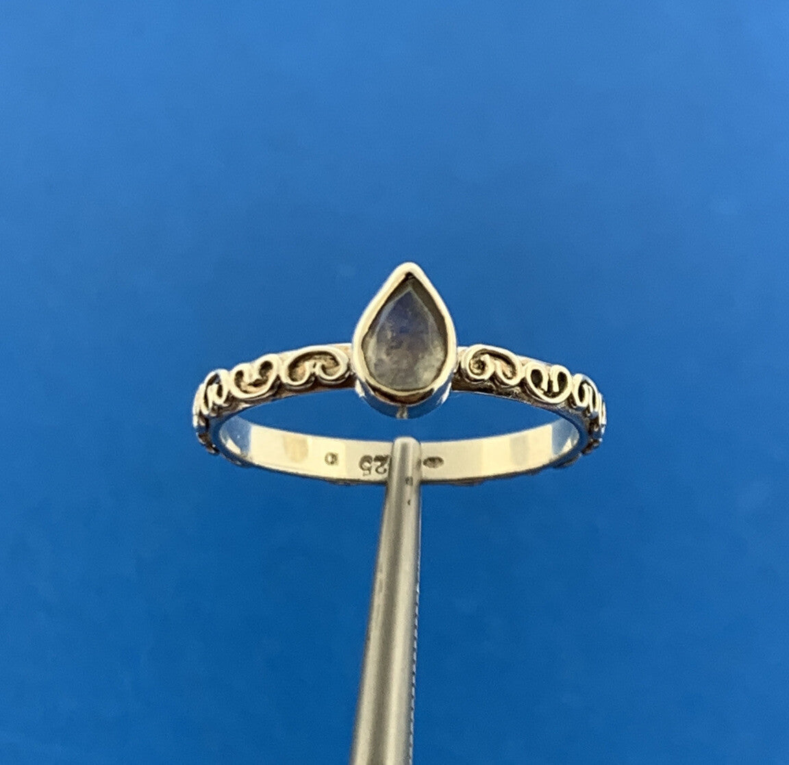 Designer 925 Sterling Silver Pear Moonstone Scroll Design Stackable Band Ring