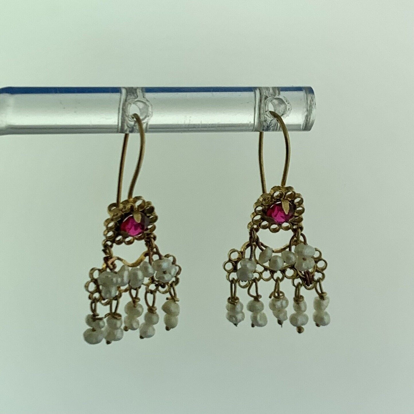 Antique 10K Yellow Gold Garnet Seed Pearl January Anniversary Dangle Earrings