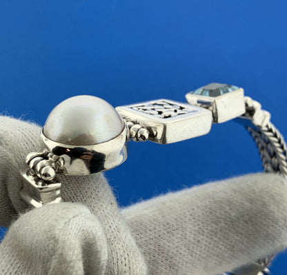 Retro Sterling Silver Mabe Pearl Blue Topaz Balinese Style Statement Bracelet