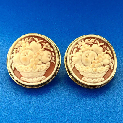 Italy 18K Yellow Gold Cameo Carved Shell Fruit Basket Cameo Stud Earrings