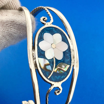 Alpaca Mexican Silver Plated Mother of Pearl Flower Inlay 6.25" Cuff Bracelet