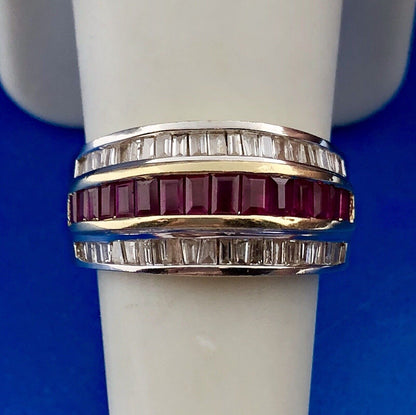 Vintage SRT 14K Yellow White Gold Diamond Ruby Channel Set Tapered Band Ring