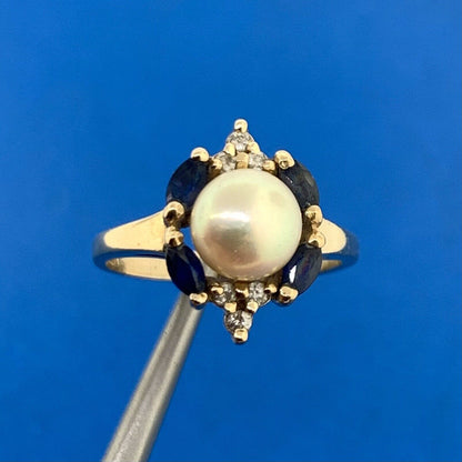 Designer 14K Yellow Gold Pearl Solitaire Sapphire Diamond Accented Cocktail Ring