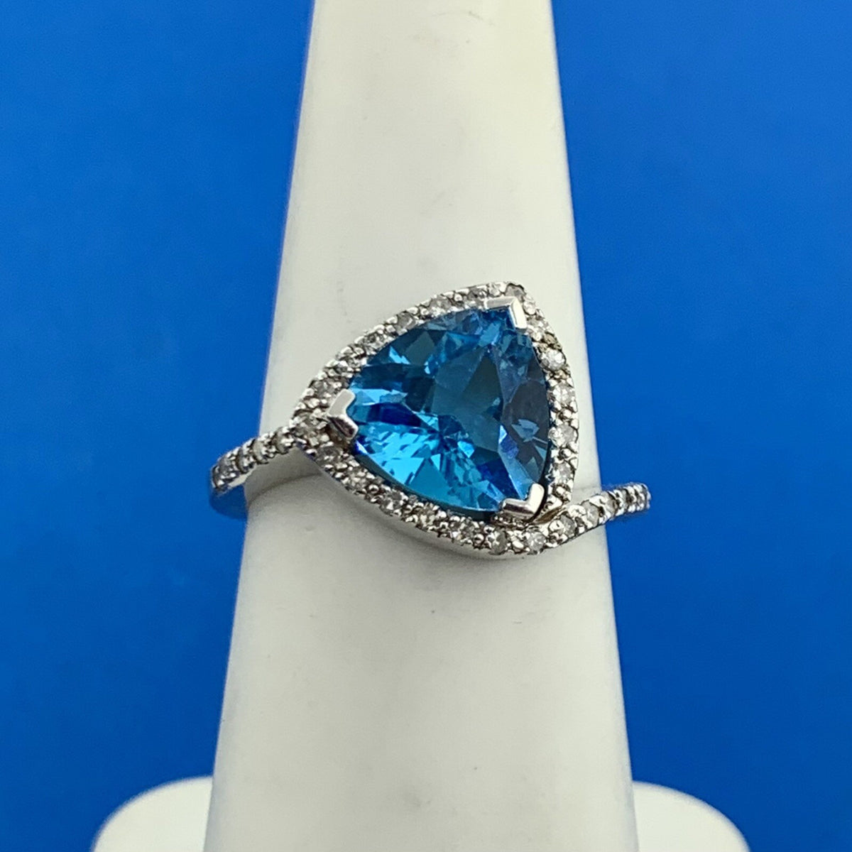 Designer 14K White Gold Trillion Cut Blue Topaz Diamond Accented Ring