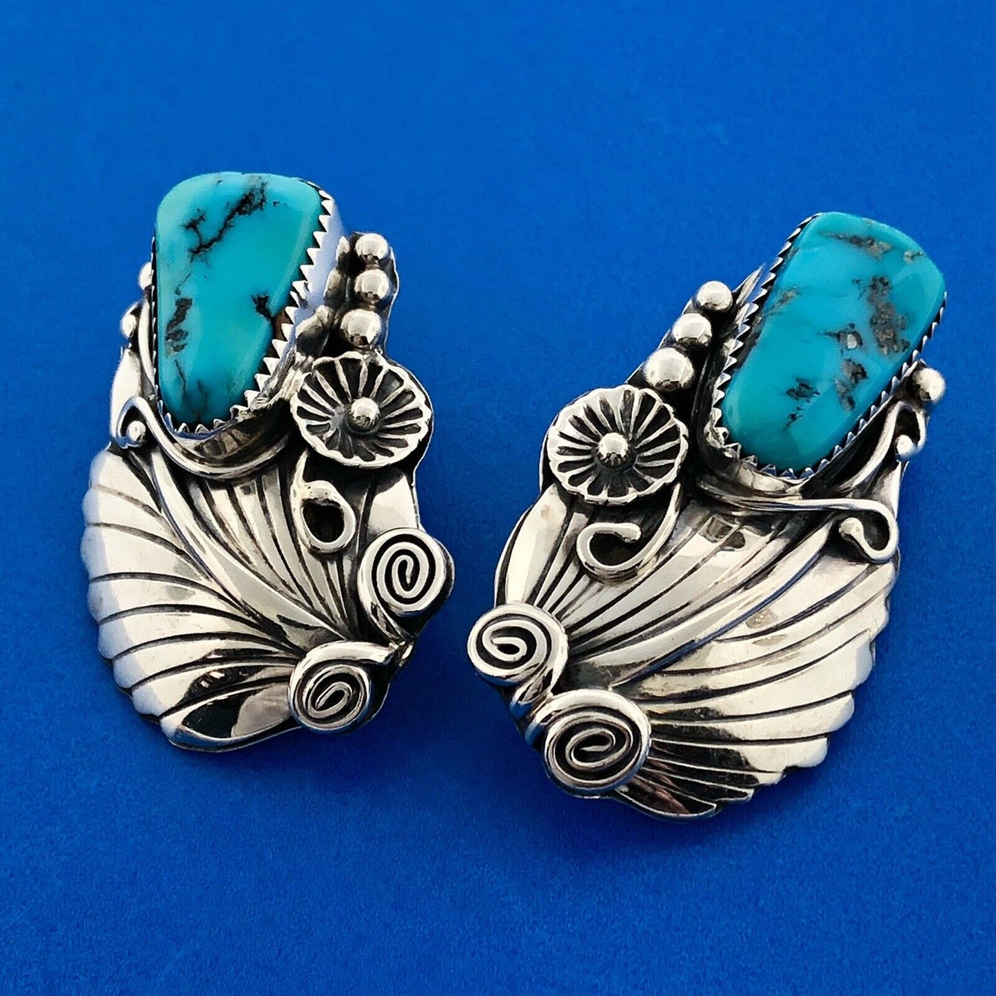 Vintage Old Pawn 925 Sterling Silver Turquoise Squash Blossom Clip On Earrings